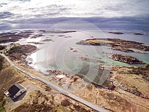 A bird`s eye view of the Norwegian heathers, the shores of the Norwegian sea