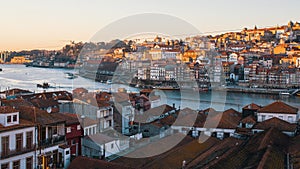 Bird`s-eye view old downtown of Porto and Douro river.