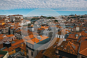 Bird`s-eye view old downtown of Porto, Douro river and Dom Luis I bridge