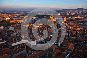 Bird`s-eye view old downtown of Porto at dusk