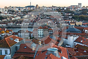 Bird`s-eye view old downtown of Porto at dusk, Portugal. Travel.