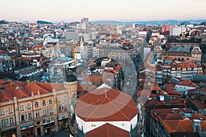 Bird`s-eye view old downtown of Porto at dusk, Portugal. Travel.