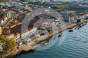 Bird`s-eye view old downtown Vila Nova de Gaia and Douro river, Porto