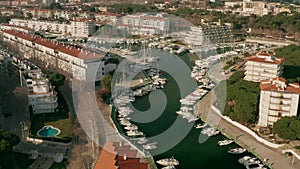 Bird`s-eye view of the old European city and the Bay with yachts