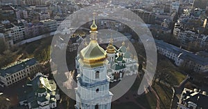 A bird`s eye view, panoramic video from the drone in 4K to the Saint Sophia`s Cathedral, Sofiyivska Square, left bank of