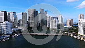 Bird's eye view of picturescue high-rise buildings dominating Brickell skyline in Miami. Modern financial hub with