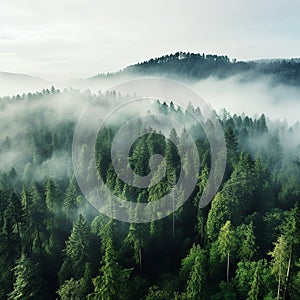 A bird\'s eye view of a pine forest naturalism morning fog. Generative AI