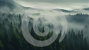 A bird\'s eye view of a pine forest naturalism morning fog. Generative AI