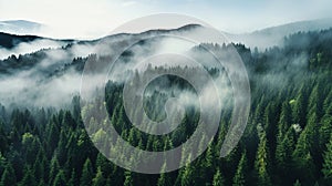 A bird\'s eye view of a pine forest naturalism morning fog. generative AI
