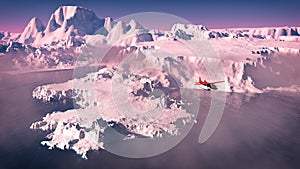 Bird's eye view of red airplane flying over icebergs with ocean at sunris