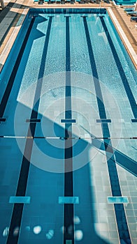 The bird's-eye view of a serene outdoor swimming pool showcases the rhythmic patterns of the swim lanes under the