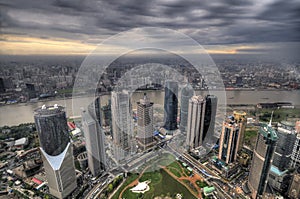 Bird's eye view of Shanghai city at dusk