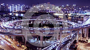 Bird's eye view of shanghai traffic at night,urban cityscape,time lapse.