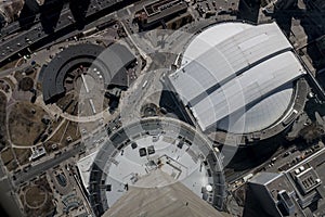 Bird's eye view shot of the Toronto downtown and Rogers Centre, Canada