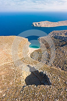 Bird`s eye view of Sikati cave and coast nearby, Kalymnos island, Greece.