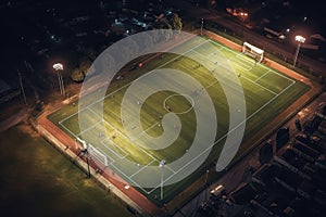 bird's eye view of a soccer field. Generative ai
