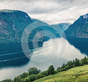 Bird`s-eye view of Sognefjorden fjord. Colorful summer scene of Norway. Traveling concept background. Instagram filter toned