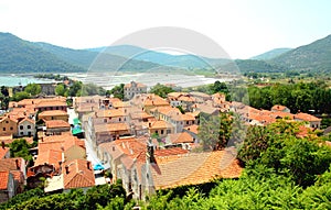 Bird's eye view of Ston town wits it's salt pans