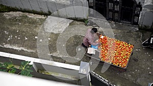 Bird\'s Eye View: Street Vendor Selling Tomatoes on Handcart in Dehradun City