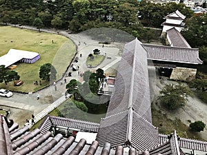 Bird`s eye view surrounding Aizuwakamatsu Castle or Tsuruga Castle or Kurokawa Castle in Japan.