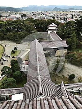 Bird`s eye view surrounding Aizuwakamatsu Castle or Tsuruga Castle or Kurokawa Castle in Japan.