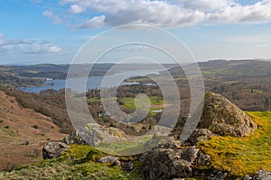 Bird's eye view of the trees and rocks in Windermere, Lake District, UK