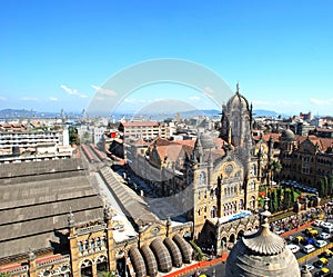 Bird\'s eyeview of Chatrapati Shivaji Maharaj Terminus and surrounding heritage precinct as well as skyline in South Mumbai.