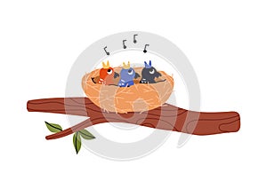 Bird's Nest. Cheerful chicks sing a song in the nest. Isolated illustration.