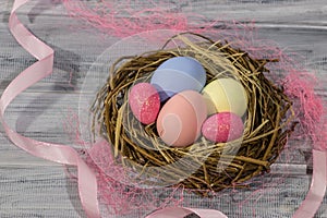 Bird`s nest with easter eggs