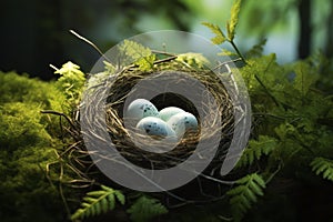 Bird's nest with eggs in the forest. Generative AI
