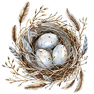 Bird's nest with eggs, surrounded by branches and feathers, top view