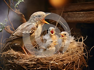 Bird s nest with hungry chicks