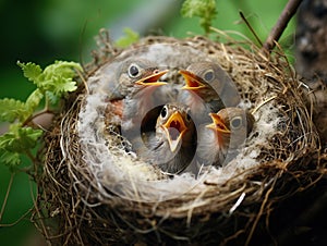 Bird s nest with hungry chicks