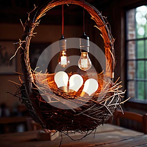 Bird\'s nest, nestegg of lightbulbs, showing storage and protection of ideas and creativity