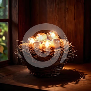 Bird\'s nest, nestegg of lightbulbs, showing storage and protection of ideas and creativity