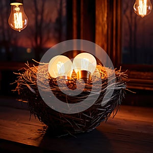 Bird\'s nest, nestegg of lightbulbs, showing storage and protection of ideas and creativity