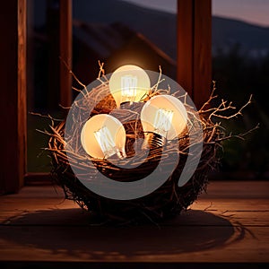 Bird\'s nest, nestegg of lightbulbs, showing storage and protection of ideas and creativity