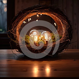 Bird\'s nest, nestegg of lightbulbs, showing storage and protection of ideas and creativity