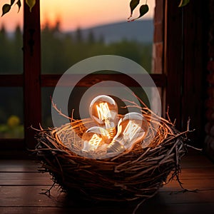 Bird\'s nest, nestegg of lightbulbs, showing storage and protection of ideas and creativity