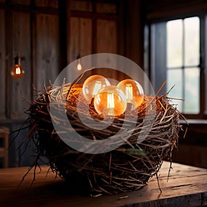 Bird\'s nest, nestegg of lightbulbs, showing storage and protection of ideas and creativity