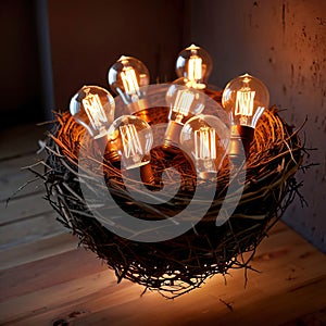 Bird\'s nest, nestegg of lightbulbs, showing storage and protection of ideas and creativity