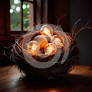 Bird\'s nest, nestegg of lightbulbs, showing storage and protection of ideas and creativity