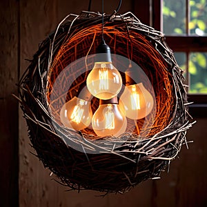 Bird\'s nest, nestegg of lightbulbs, showing storage and protection of ideas and creativity