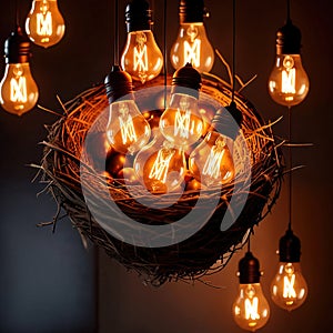 Bird\'s nest, nestegg of lightbulbs, showing storage and protection of ideas and creativity