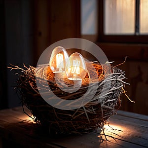 Bird\'s nest, nestegg of lightbulbs, showing storage and protection of ideas and creativity