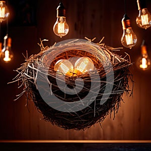 Bird\'s nest, nestegg of lightbulbs, showing storage and protection of ideas and creativity