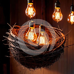 Bird\'s nest, nestegg of lightbulbs, showing storage and protection of ideas and creativity