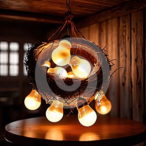 Bird\'s nest, nestegg of lightbulbs, showing storage and protection of ideas and creativity