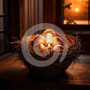 Bird\'s nest, nestegg of lightbulbs, showing storage and protection of ideas and creativity