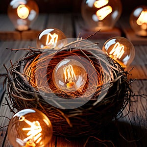 Bird\'s nest, nestegg of lightbulbs, showing storage and protection of ideas and creativity